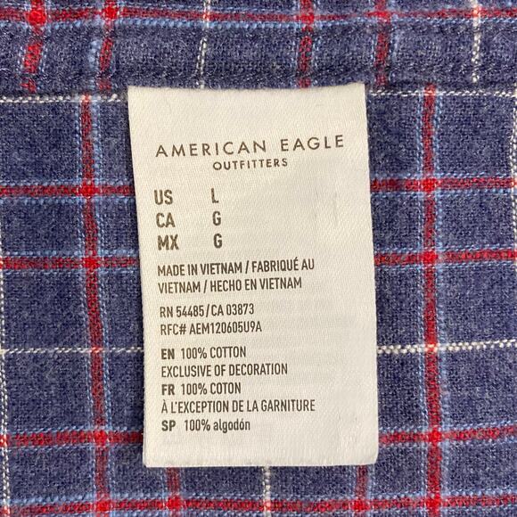 NWOT AMERICAN EAGLE Shirt Men L Plaid Flannel Classic Fit Blue Red Button-Down - Picture 6 of 9